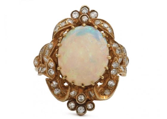 Antique style opal and diamond fancy cluster ring in 18kt yellow gold