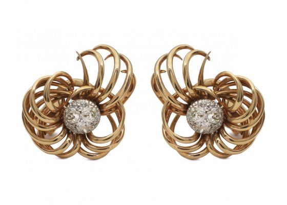 1950s Old Mine diamond wirework floral earrings in gold