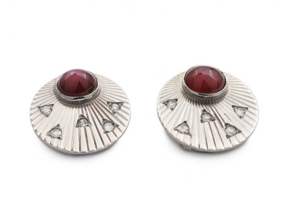 Vintage synthetic star ruby and diamond disk clip-on earrings