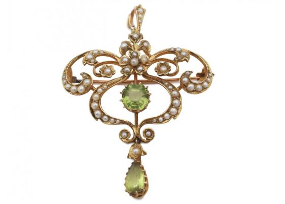 Edwardian peridot and seed pearl convertible pendant and brooch