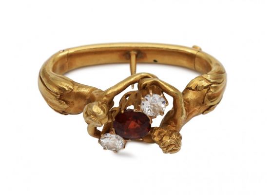 Art Nouveau spessartite garnet and diamond hair clip/scarf toggle
