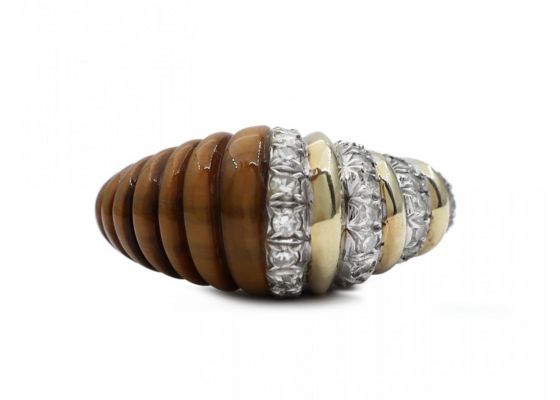 1970s vertical ribbed bombe tiger's eye and diamond ring in gold