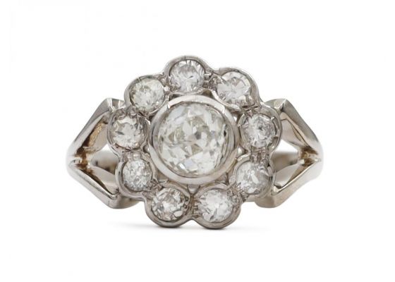 1950s diamond flower cluster ring in 18kt white gold