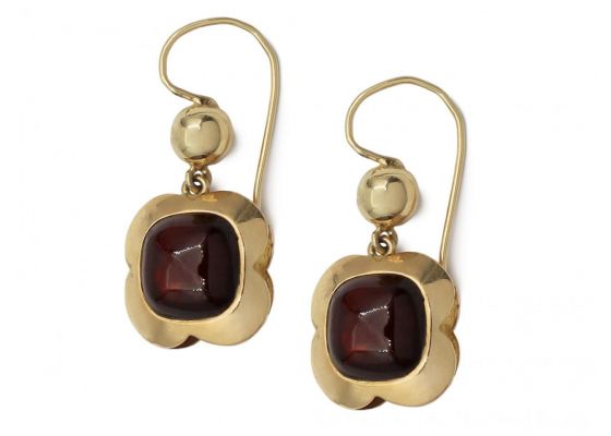 Antique carbuncle garnet quatrefoil drop earrings in gold