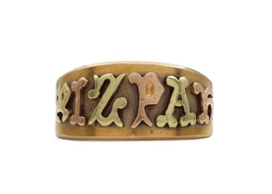 Victorian 'MIZPAH' ring in 18kt yellow, rose and green gold
