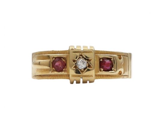 Antique diamond and ruby buckle ring in 18kt yellow gold