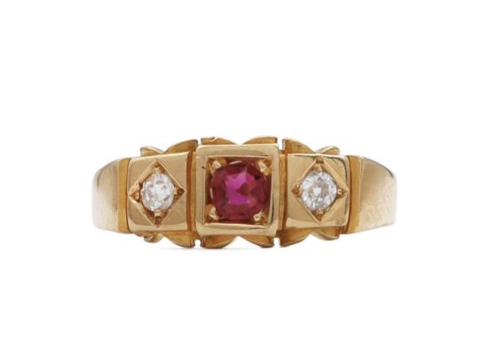 1897 ruby and diamond three stone flush set ring in 18kt gold