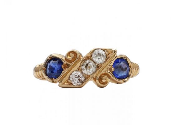 Victorian diamond and sapphire scroll ring in 18kt gold