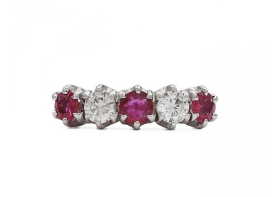 Modern pink sapphire and diamond five stone ring in 18kt white gold