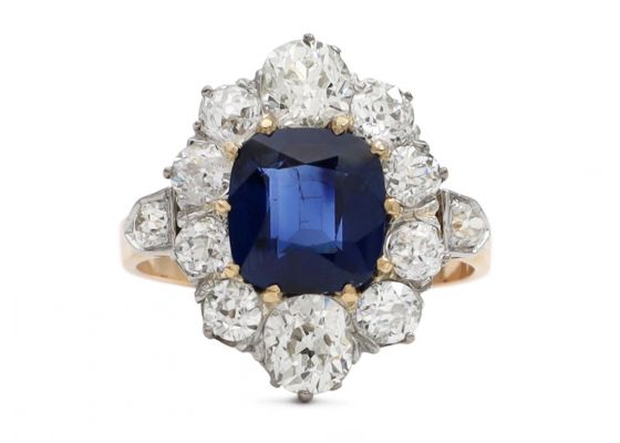 Belle époque sapphire and diamond coronet cluster engagement ring