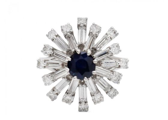 Vintage sapphire and diamond snowflake cluster ring
