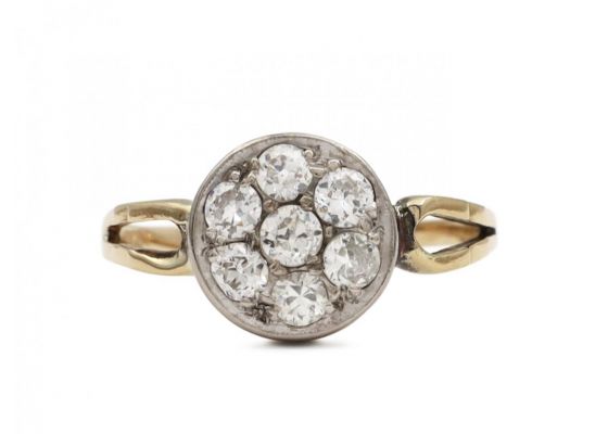 Vintage circular diamond cluster engagement ring in 18kt yellow gold