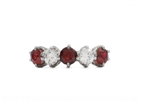 Modern ruby and diamond five stone ring in 18kt white gold