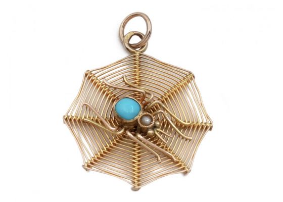 Antique spider in a web pendant in 9kt yellow gold