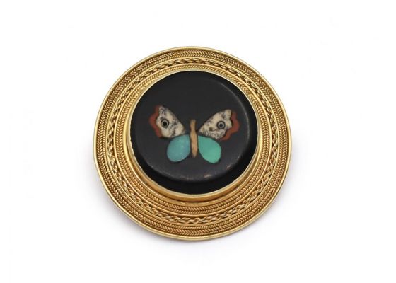 Victorian circular pietra dura butterfly brooch in 18kt gold