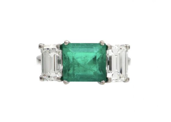 Vintage Emerald & Diamond Three Stone Ring in 18kt White Gold
