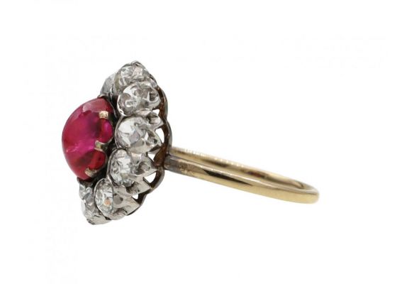Edwardian oval Burmese cabochon and diamond cluster ring