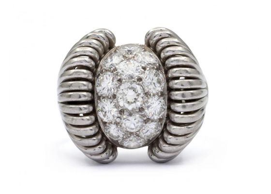1940s French flared diamond set bombe ring in platinum