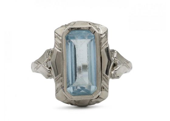 Vintage emerald cut aquamarine dress ring in 18kt white gold