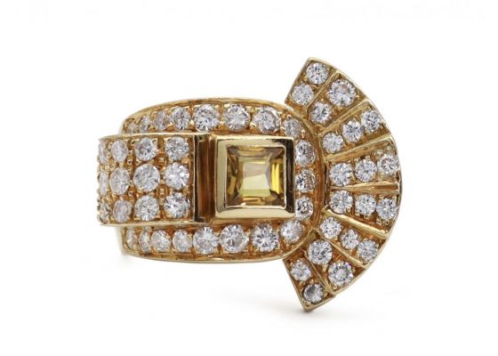 1990s fancy yellow sapphire and diamond tank ring in 18kt yellow gold