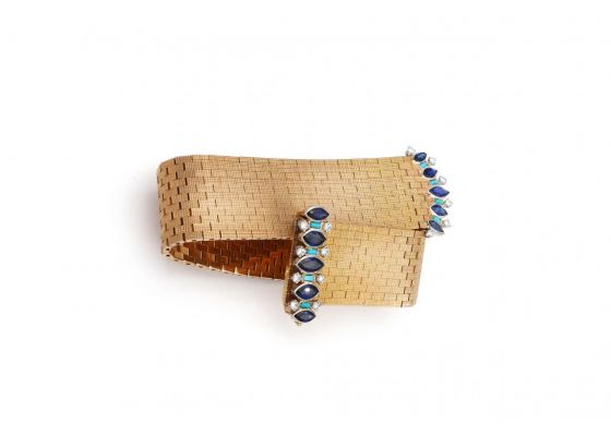 Vintage Wide Textured Brick Link Belt Bracelet with Sapphire, Diamond & Turquoise