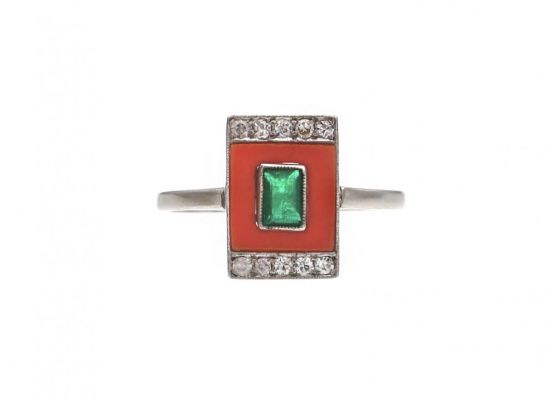 Art Deco Emerald, Coral & Diamond Rectangular Plaque Ring