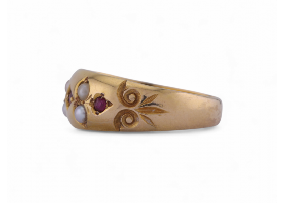 1892 ruby and seed pearl gypsy ring in 15kt yellow gold with Chester hallmark – Courtville Antiques