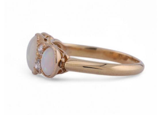 Antique opal and diamond three stone carved ring in 18kt yellow gold – Matthew Weldon