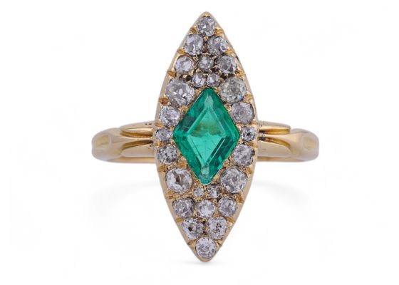 Antique Emerald And Diamond Navette Ring In 18kt Yellow Gold