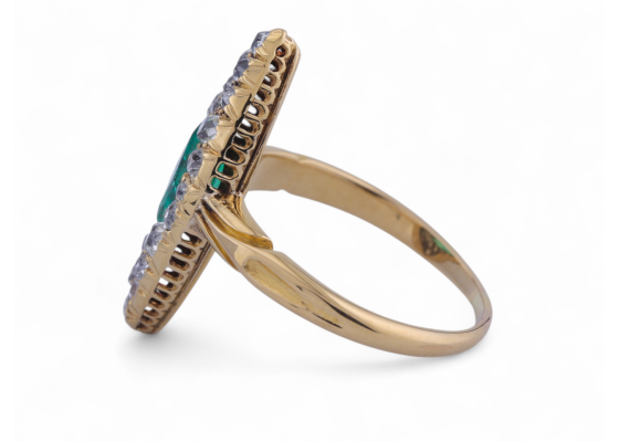 Antique Emerald And Diamond Navette Ring In 18kt Yellow GoldAntique Emerald And Diamond Navette Ring In 18kt Yellow Gold