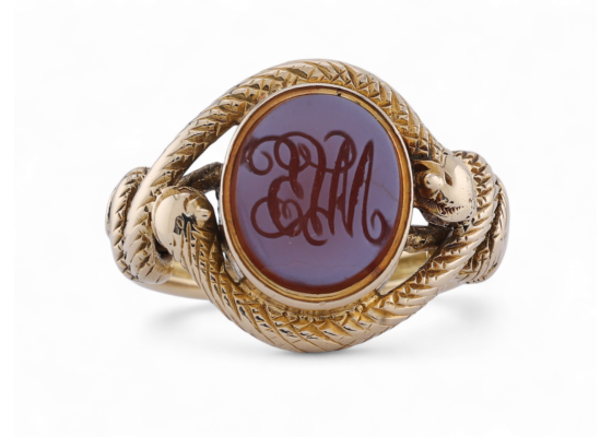 Antique yellow gold double snake ring with sardonyx intaglio of a classical bust – Courtville Antiques