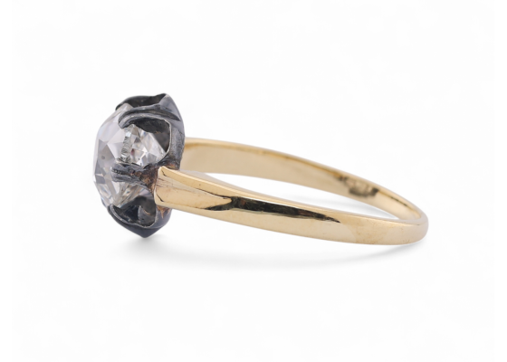 Antique style old mine cushion cut diamond ring in silver and 18kt yellow gold