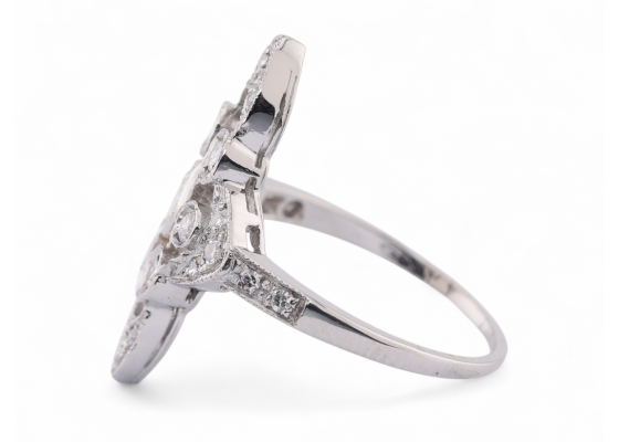 Vintage geometric diamond panel ring in platinum with princess cut centre