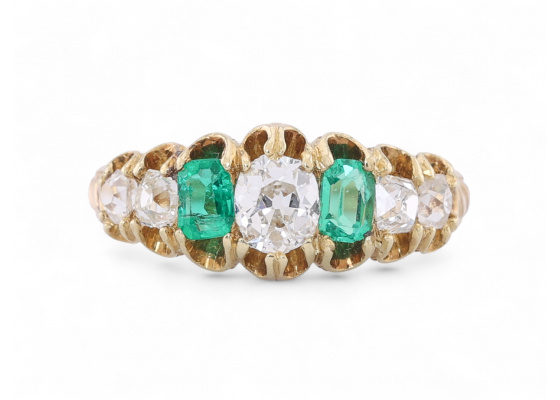 Belle Epoque Emerald And Diamond Seven Stone Ring In 18kt Yellow Gold