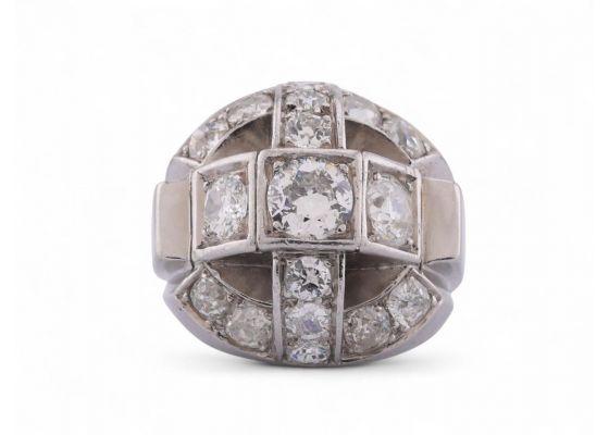 Retro Old Cut Diamond Set Bombe Ring In Platinum