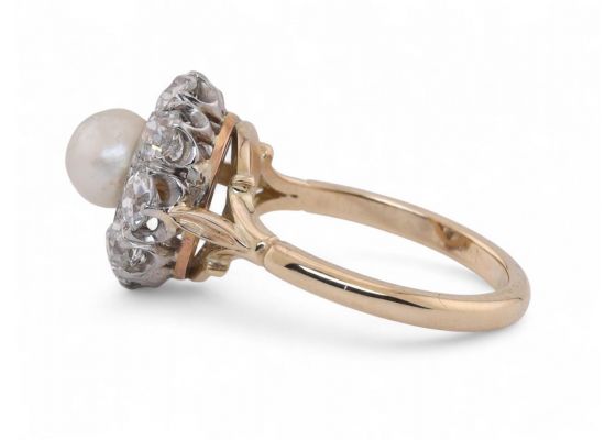 Antique Style Pearl And Old Mine Cut Diamond Coronet Cluster Ring In Platinum And 18kt Yellow Gold