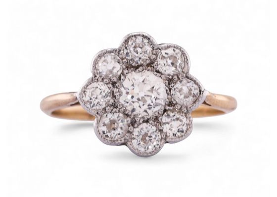 Edwardian Style Old Mine Diamond Daisy Cluster Ring In 18kt Gold And Platinum