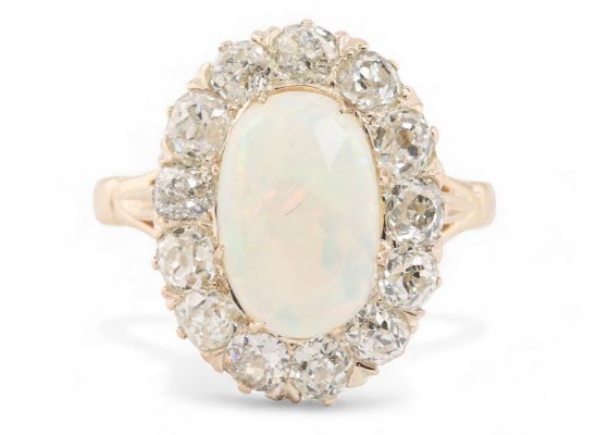 Antique Opal and Diamond Cluster Ring in 18kt Gold
