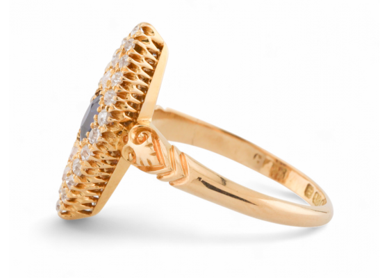 Antique Sapphire And Diamond Navette Ring In 18kt Yellow Gold