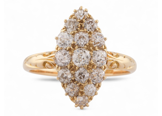 Victorian 18kt gold navette cluster ring with Old Mine cut diamonds – Matthew Weldon