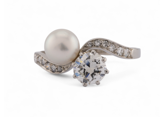 Edwardian Natural Pearl And Diamond 'Toi et Moi' Ring In Platinum