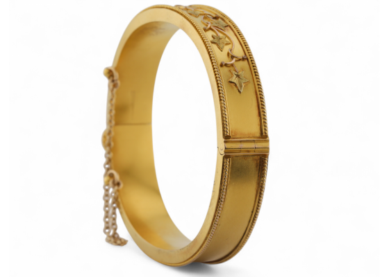 Victorian 15kt yellow and green gold hinged ivy bangle with rope twist border – Matthew Weldon