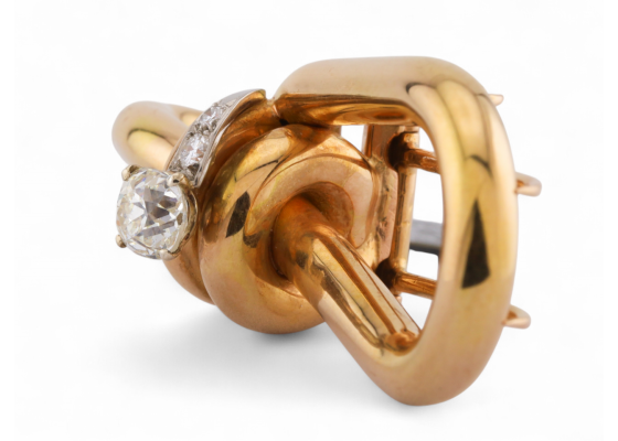 1950s Mauboussin Retro Brooch in 18kt Gold with 1ct Old Mine Cut Diamond