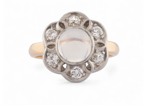 1950s Moonstone And Diamond Floral Cluster ring In 14
