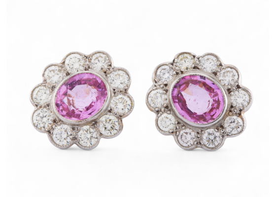 Edwardian Style Pink Sapphire And Diamond Daisy Cluster Stud Earrings in Platinum and 18kt Yellow Gold