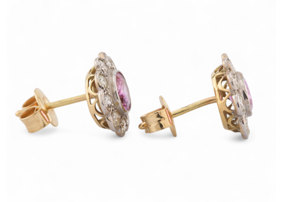 Edwardian Style Pink Sapphire And Diamond Daisy Cluster Stud Earrings in Platinum and 18kt Yellow Gold