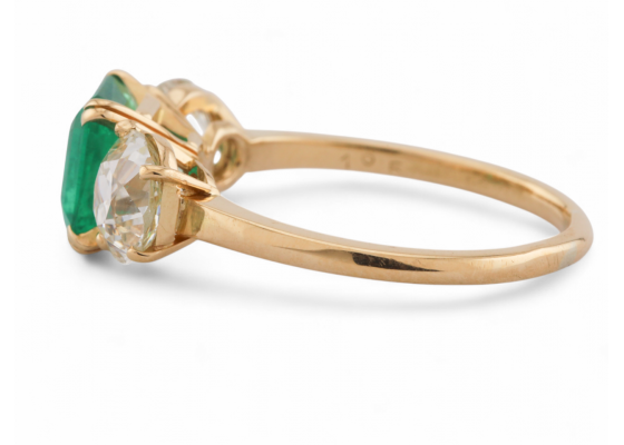 Edwardian platinum three stone ring with square emerald and Old European cut diamonds – Matthew Weldon
