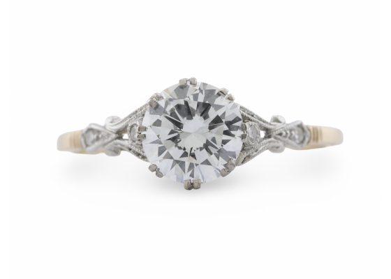 18ct Gold and Platinum Diamond Solitaire Ring with Scrollwork Shoulders