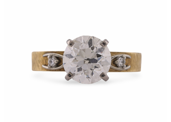18ct Gold and Platinum Diamond Solitaire Ring with Florentine Band
