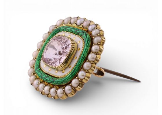 Antique Pink Topaz, Pearl and Enamel Brooch